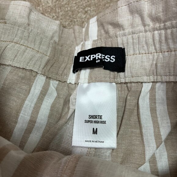 Express Shorts Tan White Striped Linen Blend Belted High Rise Women's Medium - Picture 7 of 9
